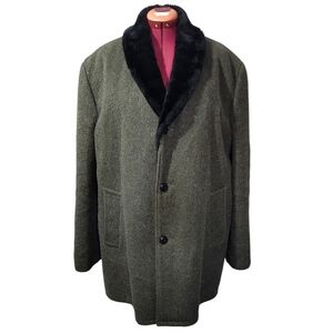 SZ44 Vintage Wool Green Overcoat with Black Faux Fur Trim And Lining